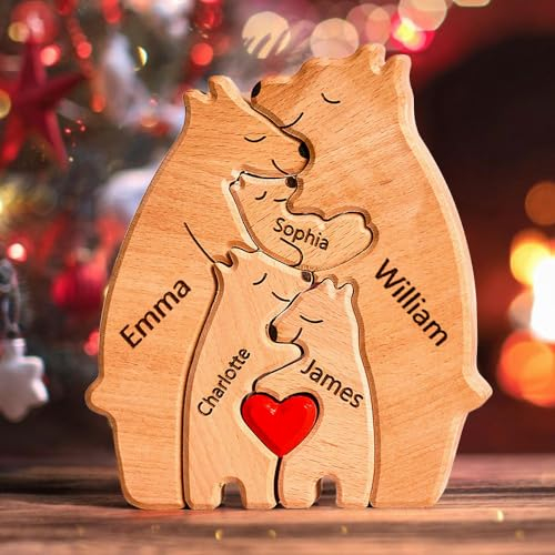 Personalisiertes Holzpuzzle der Bärenfamilie mit 2-7 Namen, Holz Bären Familien Skulpturen, Geschenke für Mama, Papa, Oma, Opa zum Muttertag Vatertag Weihnachten Adoptionstag Einweihungsgeschenke