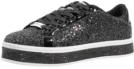 LUCKY STEP Plattform Glitter Sneakers för kvinnor | Glittrig Bling Skinande uppklädda Bedazzled Bröllop Brud Mode promenadskor, Svart, 40.5 EU