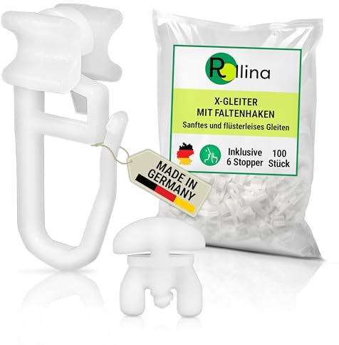 Rollina X-Gleiter (100 Stück) inkl. 6 Feststeller | Gardinenhaken für Schienen mit 6mm Innenlauf-Breite | Vorhanghaken | Gardinengleiter 10mm