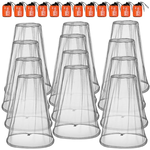 Hestya 12 Pcs Mosquito Head Face Net Mesh 18.11 x 18.11 Inch Fly Netting Hood Mosquito Net Hat with Carry Bags to Prevent No See Ums Gnats Biting Midges for Outdoor Hiking Camping Climbing, Gray