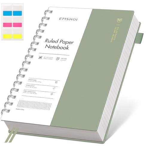 EMSHOI Taccuino A5 a righe college, blocco note a spirale, 150 fogli/300 pagine, 100 g/m², copertina in PVC, note adesive, tasca, anello per penna, righello, segnalibro, diario a righe per scrivere,