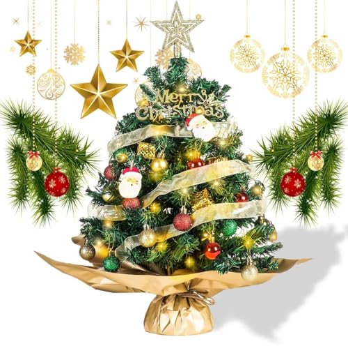 Table Top Mini Christmas Tree with Lights, 17.7 Inch Small Christmas Star Tree with 26Pcs Christmas Tree Ornaments, Battery Operated Artificial Tree for DIY Christmas Decoration Gifts