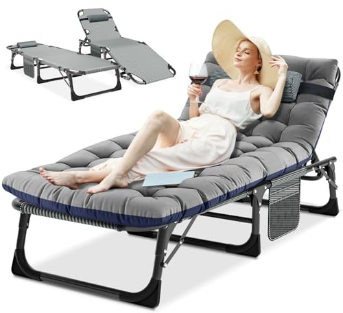 Ryuhic Chaise longue pliante avec matelas - Grande chaise de jardin pliante avec poche latérale et appuie-tête - Lit de camping pliable pour l'extérieur et l'intérieur
