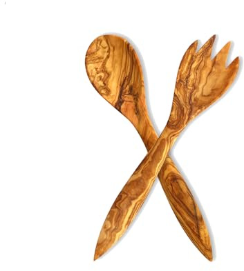 Justa La Fusta | Set Utensilios De Cocina Madera De Olivo Grande 28x5,5cm | Hecho A Mano En España | Cuchara De Madera Y Tenedor Largo Para Ensaladas | Cubiertos Cocina Natural Artesanales Y Elegantes