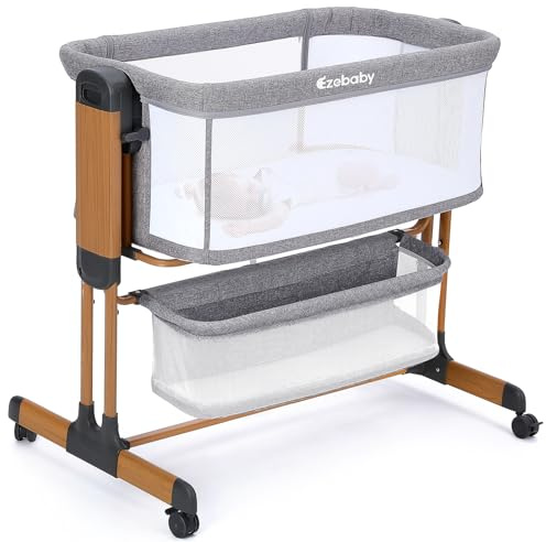 Ezebaby 3-in-1 Baby Bassinet, Rocking Baby Bassinets Bedside Sleeper, Adjustable Portable Crib for Newborn Infant with Wheels Storage Basket and Mesh Sides