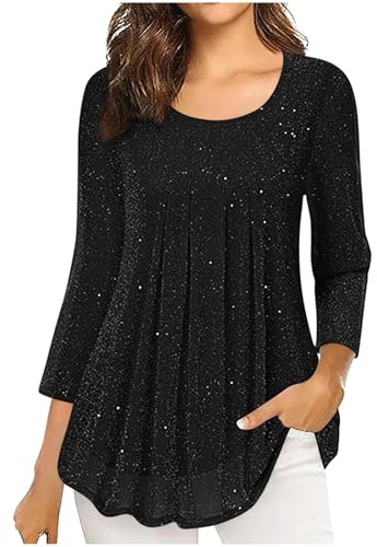 Keepink Sparkly Tops for Women UK Chiffon Tunic Top Pleated Front 3/4 Sleeve Dressy Casual Blouses Flowy Double Layered Mesh Shirts Party Sequin Shinny Glitter Pullover Tees