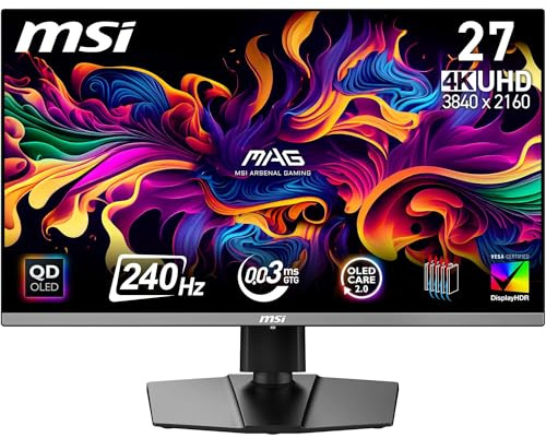 MSI MAG 272UP QD-OLED X24 27-Inch 4K UHD Gaming Monitor, 3840 x 2160, Quantum Dot OLED Panel, 240Hz, 0.03ms, DisplayHDR TRUE Black 400, AMD FreeSync Premium Pro, USB C (15W PD), Frame-less, Black