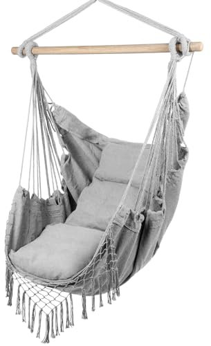 MalTec Hängesessel mit Kissen Gartenstuhl, Hängeschaukel, Hängematte für Wohnzimmer, Terrasse, Garten, Hellgrau bis 120 kg belastbar, Outdoor Indoor Brasilianische Hängematte