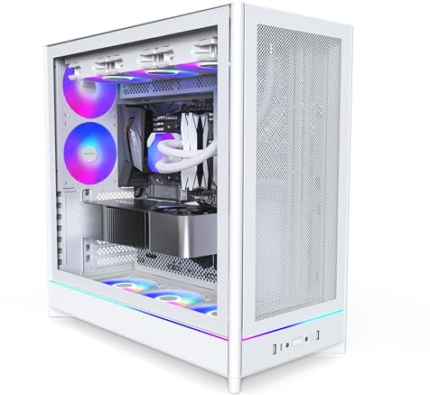 MONTECH HS01 Pro, ATX Mid-Tower PC Case, Gaming PC, High-Airflow, Reversible Layout, Mesh Front Panel, 5X ARGB PWM Fan Pre-Installed, Sink-in Design, Toolless Panels, White
