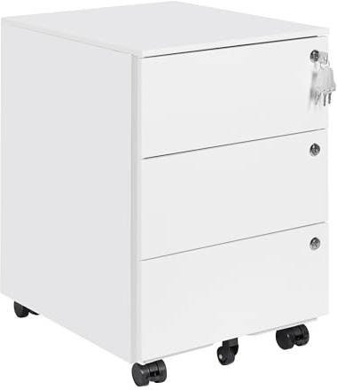 HOMSTEEL Rollcontainer, Mobiler Aktenschrank mit 3 Schlössern, 4 Schlüssel, 3 Schubladen, Rollcontainer Schreibtisch, Bereits Vormontiert, für Büro, Heimbüro, Weiß