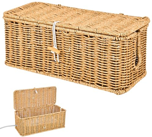 Trendecor Rattan Cable Management Box, 33x13.5x13cm Hand Woven Cable Box Cable Box Organizer Rustic Wire Organiser Box for TV Wires Power Strip Tangle Hide Desk Hider Cables
