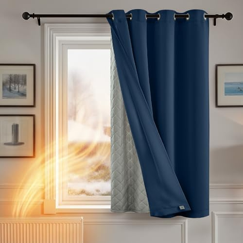 TOPICK Blackout Thermal Curtains with Detachable Lining Navy Blue W52 xL63 | 1 Panel, Windproof, Soundproof Eyelet Curtains, 2 Layer Thick Insulated Microfiber Layer for Bedroom, Living Room, Door