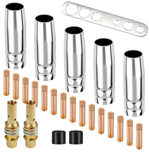 MISIQIMA Juego de 25 piezas de desgaste, accesorios para soldadora de gas protector para máquina de soldar AK-15/MB-15, incluye boquillas de gas × 5, boquilla de corriente M6 de 0,8 mm × 15, mango de