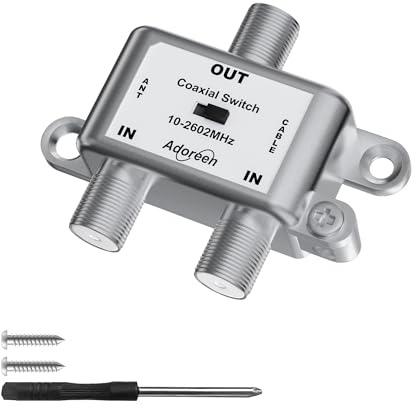 Adoreen 2 Way Coaxial A/B Switch, 10-2602MHz Digital RF RG6/RG59 Coax Slide Switcher Selector, 2 Input & 1 Output, 75Ω for Outdoor CATV, Satellite, Antenna, Modem with Screws & Screwdriver Kit