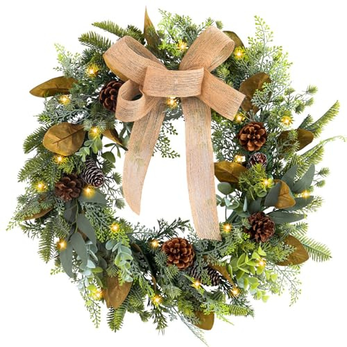 Corona navideña con Luces LED, Corona navideña Colgante de 18 Pulgadas, Colgante, con Arco, piñón y Hojas para Decoraciones navideñas