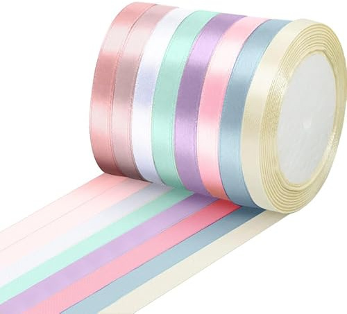 Vmoomax Juego de cintas de satén pastel, 8 colores, 22 m, cinta de poliéster suave para envolver regalos, lazos para el pelo, globos de fiesta, 10 mm, cinta rizadora para cumpleaños, Navidad