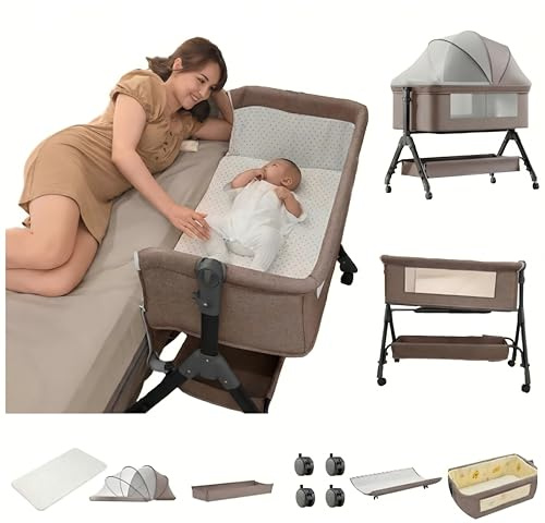 Aveainelle Babysäng med madrass, hopfällbar och konvertibel babykrubbe, justerbar spädbarnssäng, medmossäng med myggnät (Khaki)