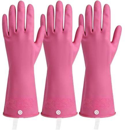 LikGuest Reusable Latex Household Gloves 3 Pairs Non Slip Rose-Pink M