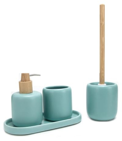Set Accessori Bagno in Ceramica 4 Pezzi con Vassoio – Dispenser Sapone, Porta Spazzolini e Scopino WC, Design Moderno con Dettagli in Legno (VERDE ACQUA)