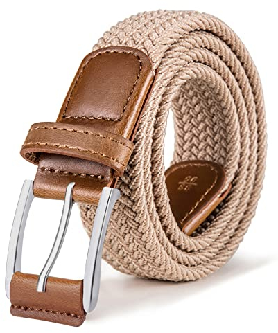 BULLIANT Gürtel Herren, Flechtgürtel Stretchgürtel Geflochten Stoffgürtel Elastischer Gürtel Golfgürtel für Männer Damen,Breite 35mm(Beige-115cm/36-40 taille verstellbar)