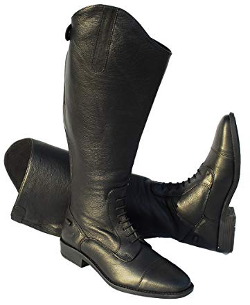 Rhinegold Elite Luxus Extra Wide BLACK LEATHER RIDING BOOTS - Soft Feel Leather, Comfortable Fit, Elasticated Laced Front, Women's Equestrian Boots with Full Length Back Zip, Size 8, EU 42