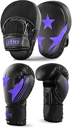 Lions Focus Pads and Gloves Set - Boxing Hook and Jabs Sparring Punch Martial Arts MMA Punching Mitts Muay Thai Kickboxing Coach Glove Sets for Men Women (PURPLE-MAXSTAR, 10OZ)