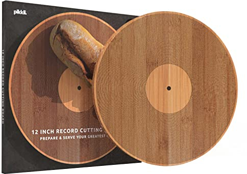 Pikkii Doppelseitiges Schneidebrett und Servierplatte in einem, Premium nachhaltiger Bambus, Vinyl-Schallplatten-Design