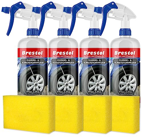 Brestol REIFENPFLEGE silikonfrei 4X 500 ml + Polierschwamm + Sprühkopf (7591.8) Reifenglanz Spoilerpflege Spoilerglanz Zierleistenpflege Gummimattenpflege Farbauffrischer