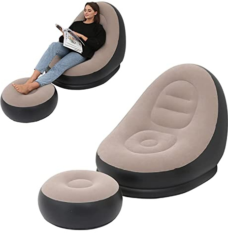 Inflatable Lounge Chair for Adults, Folding Portable Lazy Sofa with Foot Stool Lazy Flocking Recliner Chair Air Couch Sofa for Indoor Outdoor Travel Camping（No Pump）