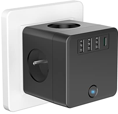 BlueFire Enchufe 8 en 1 Powercube Con 4 Tomas CA, 3 Puertos USB y 1 Tipo C, Cubo Múltiple Pared Con Interruptor, Cargador Compatible Con iPhone, iPad, Tabletas