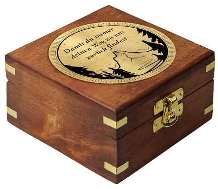 Casa Vivente Sonnenuhr-Kompass aus Messing mit eleganter Holzbox und personalisierten Gravur, Nautische Geschenkidee