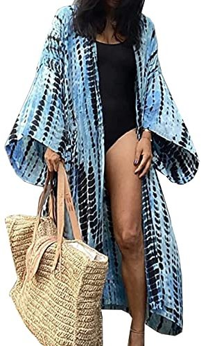 HYUET Maxi-strandklänning dam, bikini täckplagg dam i stor storlek, strandponcho, lång, boho, damkimono, lös, sommarpareo, lång sommarklänning, elegant maxiklänning i bomull, för semester, B Blue, En