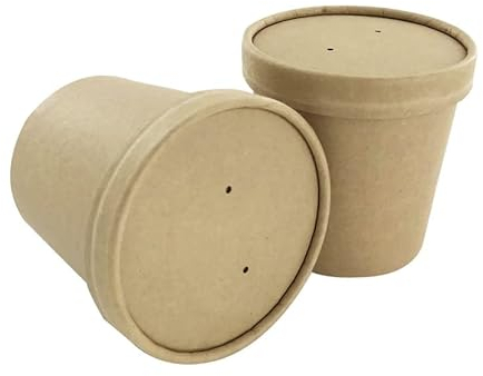 Party Warehouse 50 x 8oz (225ml) Brown Kraft Paper Disposable Food Containers With Lids - Ideal for Soup and Ice Cream - Microwave Safe and Freezer Safe - 50 Cardboard Cups and 50 Lids - 8oz