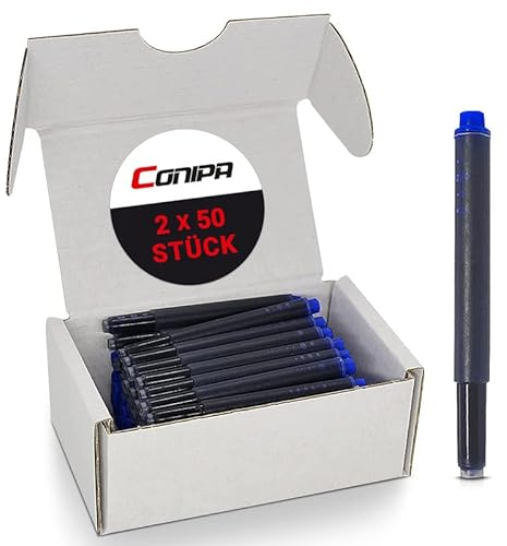Conipa® - 100er Set Universal Tintenpatronen (KÖNIGSBLAU) löschbar für Füller kompatibel mit Lamy, Pelikan, Stabilo & Online-Füller - Ersatz-Patronen Blau für alle Modelle - Füllerpatronen je 1,25ml