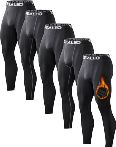 5 Pack Men's Thermal Compression Pants Fleece Lined Sports Tights Athletic Leggings Cold Weather Baselayer Winter Gear 2XL