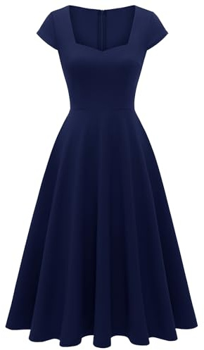 Berylove - Vestido de cóctel elegante para mujer, estilo rockabilly, con escote en corazón, midi, vintage, para la noche, azul marino, L