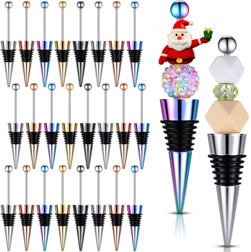 FoldTier 24 Pcs Beadable Wine Stoppers - Decorative Beaded Bottle Stopper, Alloy Wine Saver, Reusable Corks for DIY Beverage Gifts, 5 Colors