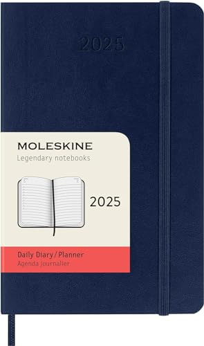 Moleskine Daily Planner, 12-Month Daily Agenda 2025, Soft Cover and Elastic Closure, SapphireBlue Color, PocketSize 9x14 cm
