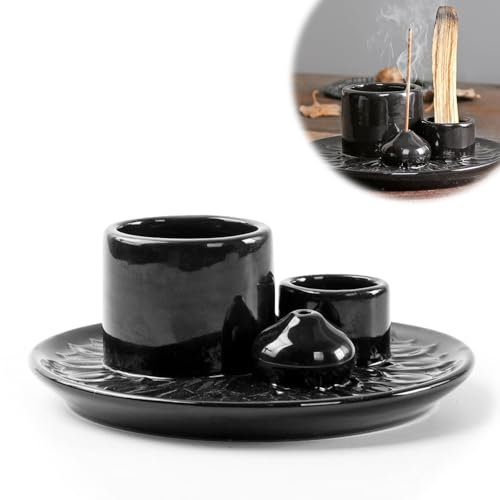 LYPPUL 4 in 1 Räucherschale für Jedes Räucherwerk, Räucherstäbchenhalter für Palo Santo, Weißer Salbei und Kerzenhalter, Keramik Aschefänger Tablett für Heimdekoration, Meditation und Yoga