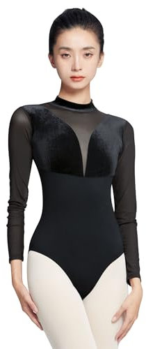 RuiBalletto Women's Turtleneck Ballet Leotard With Mesh Long Sleeve, Velvet Dance & Gymnastics Bodysuits
