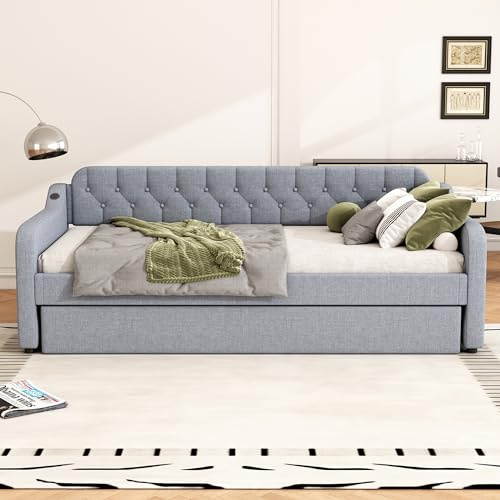 REXO Sofá cama de 90 x 200 cm, cama de día, con cama abatible, puerto USB (gris)