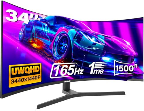 Gawfolk 34 Zoll Ultrawide Curved Gaming Monitor 165Hz, 1500R PC Bildschirm UWQHD (3440x1440) Gebogenes Computerbildschirm mit Höhenverstellung, VESA 75x75