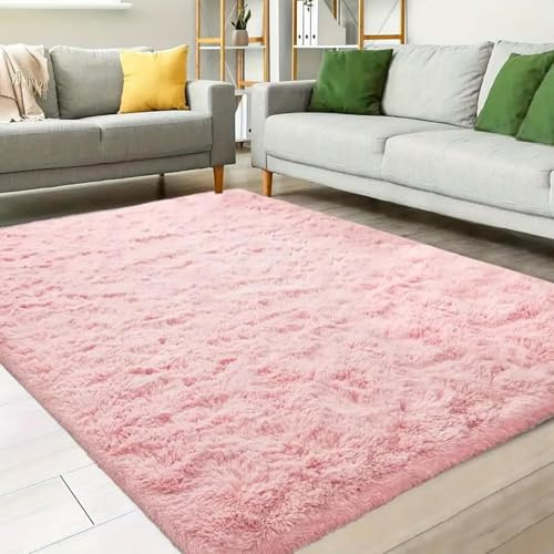 AIMECO Rosa Hochflor Teppich 140x200 cm – Waschbar & Antirutsch, Skandinavischer Stil, Flauschig & Leichtgewichtig, Ideal für Wohnzimmer, Schlafzimmer & Mädchenzimmer