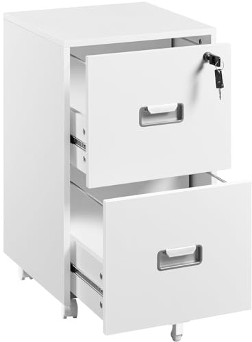 Yaheetech Schedario da Ufficio con Serratura e 2 Cassetti Bloccabili Cassettiera per Cartelle Sospese A4 Mobile Portadocumenti per Ufficio con Ruote per Studio Camera Scrivania Bianco