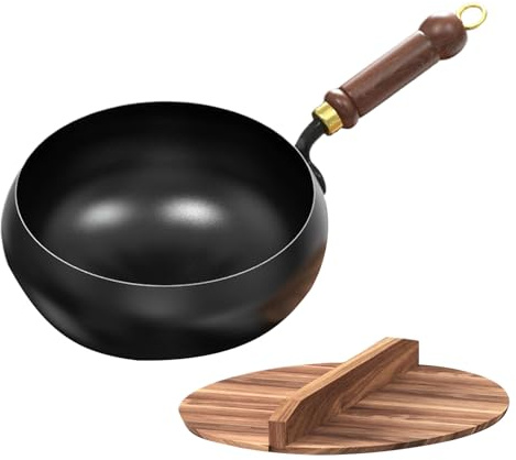 Poupangke Padella in ferro forgiato a mano, 24 cm, con manico in legno, per wok tradizionale cinese, senza rivestimento, per cottura a induzione e a gas, effetto antiaderente naturale, con manico in