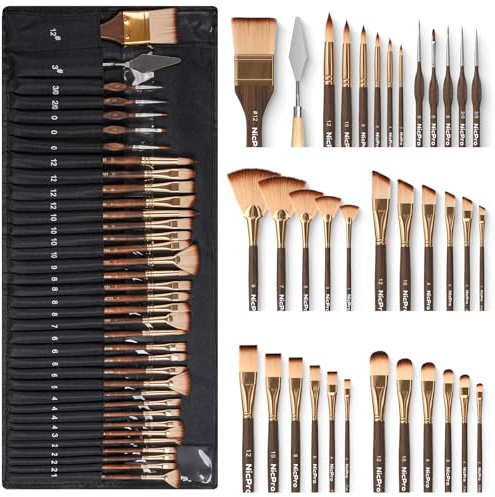 Nicpro 36 pezzi pennelli per dipingere, pennelli professionali con spatola e rullo in tessuto, adatti per pittura acrilica, olio, acquerello, guazzo, articoli artistici per artisti e principianti