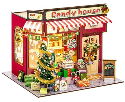 Casa Miniatura de Dulces de Navidad DIY • Kit de Madera con Luces LED • Casita Navideña con Árbol y Otros Detalles de la Navidad • Manualidades Adultos • Decoración y Regalo Creativo