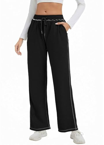 adorence Pantalon Jogging Femme Taille Haute Décontracté Large avec Poche, Pantalon de Survêtement Sport, pour Détente, Yoga, Fitness - Noir L