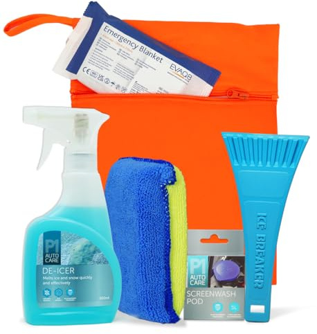 EVAQ8 Winter Car Essentials Kit - De Icer Kit with De-Icer Spray, Ice Scraper, Windscreen Demister Pad, Screenwash Concentrate & Emergency Blanket | Winter Car Care Kit in Orange Bag
