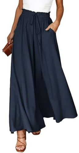 CMTOP Pantaloni Donna Estivi Casual Elastica Vita Alta Larghi Leggeri Pantaloni Eleganti Gamba Larga Pantaloni da Spiaggia con Coulisse (Blu Navy, XXL)